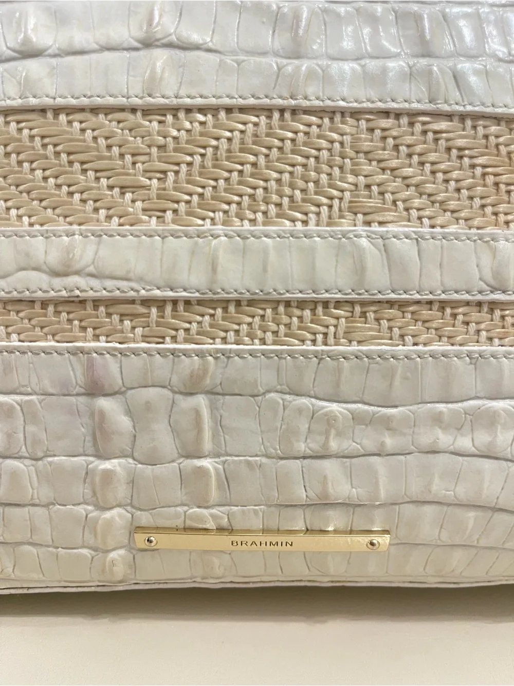 Brahmin Cream Croc-Embossed & Woven Tote Bag with Tassel